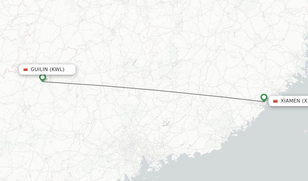 Flights from Guilin to Xiamen route map