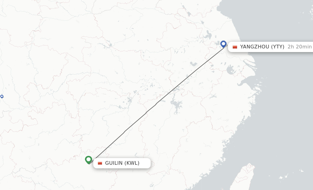 Flights from Guilin to Yangzhou route map