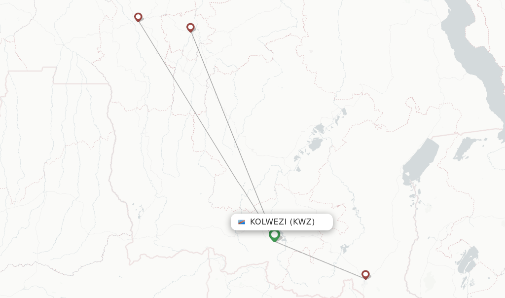Route map with flights from Kolwezi with flyCAA
