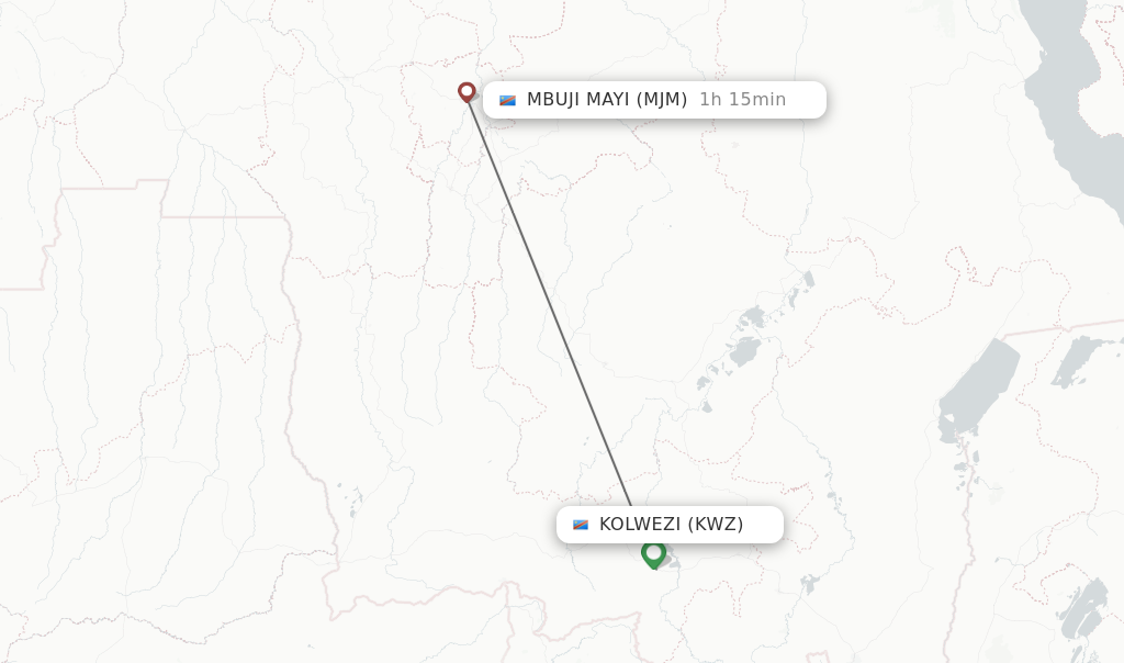 Flights from Kolwezi to Mbuji Mayi route map