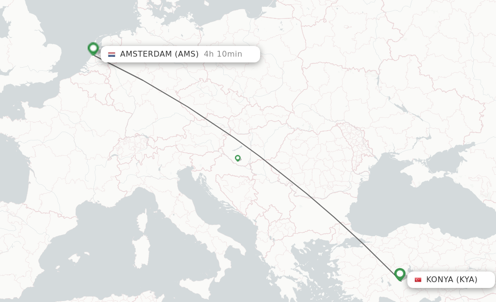 Flights from Konya to Amsterdam route map