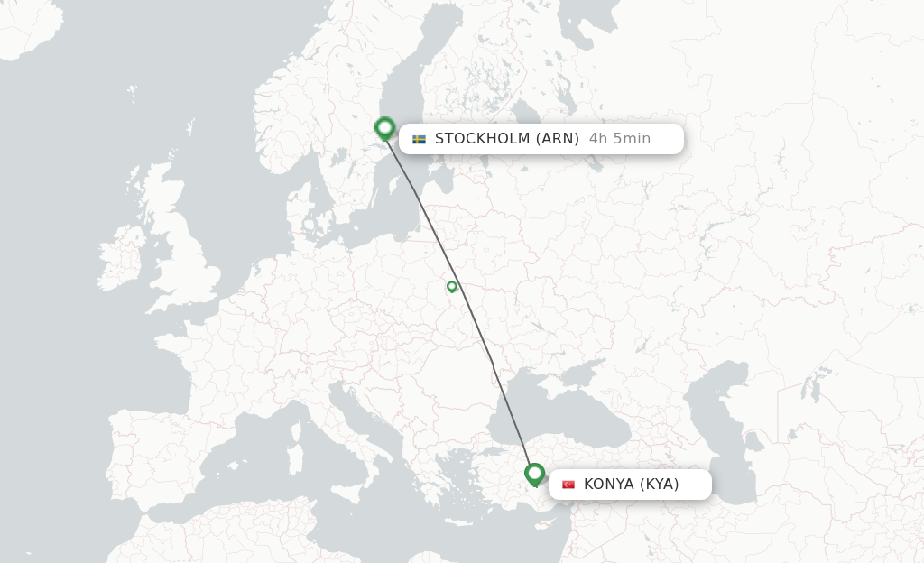 Flights from Konya to Stockholm route map
