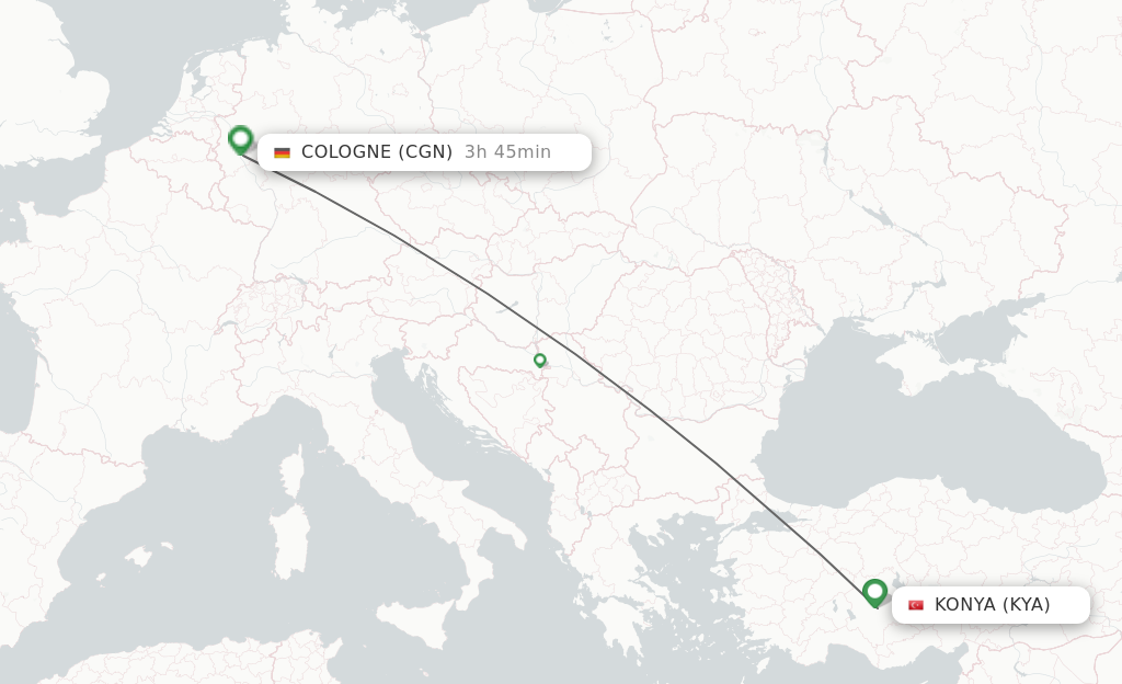 Flights from Konya to Cologne route map