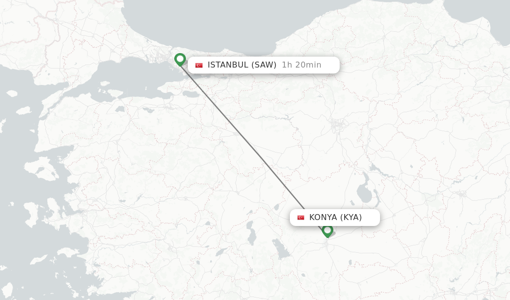 Flights from Konya to Istanbul route map