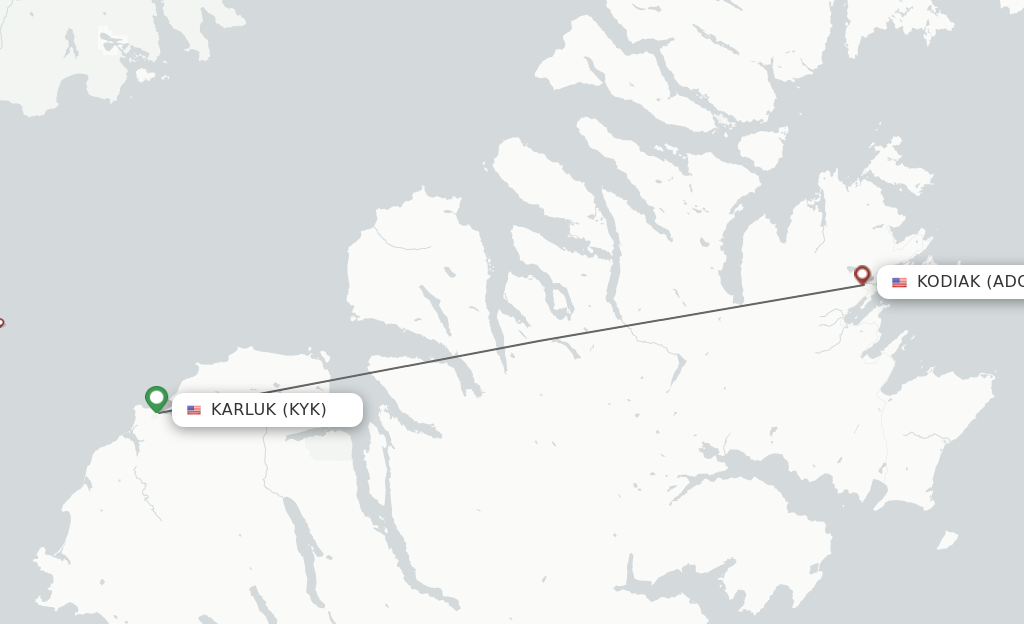 Flights from Karluk to Kodiak route map