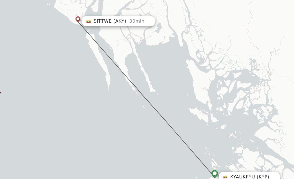Flights from Kyaukpyu to Sittwe route map