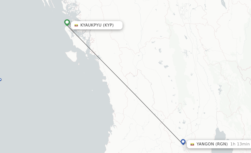 Flights from Kyaukpyu to Yangon route map