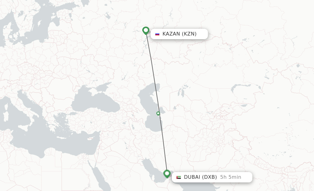 Flights from Kazan to Dubai route map