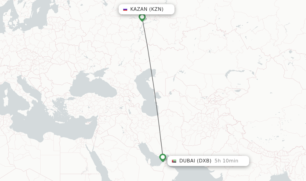Flights from Kazan to Dubai route map