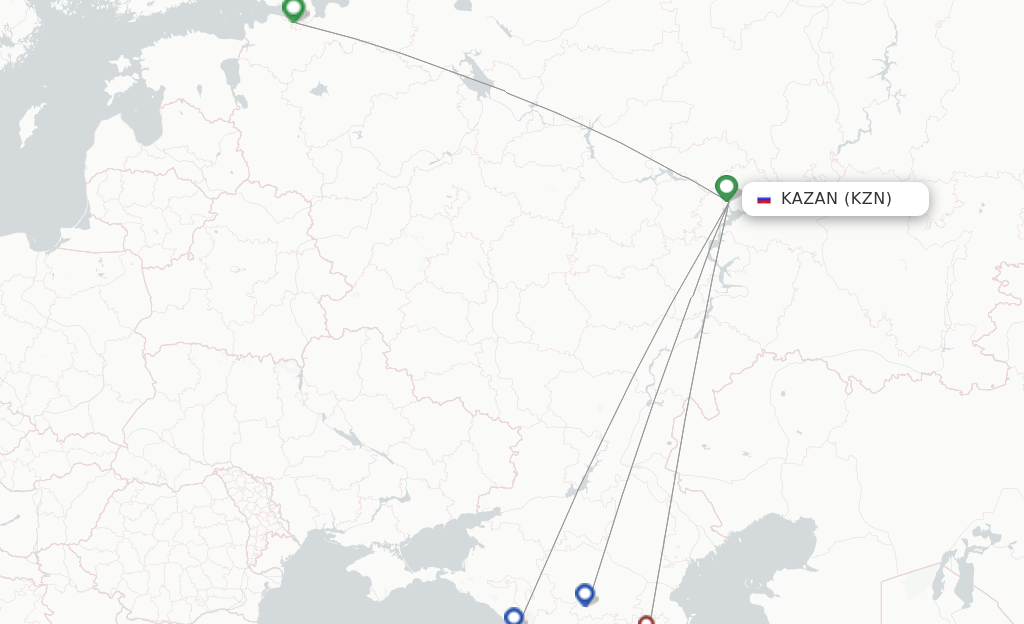 Route map with flights from Kazan with Ikar