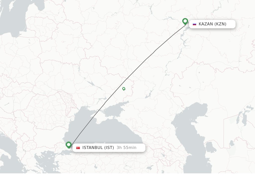 Flights from Kazan to Istanbul route map