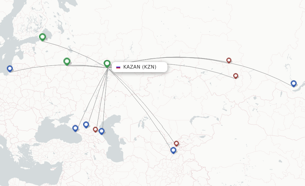 Route map with flights from Kazan with Nordwind Airlines