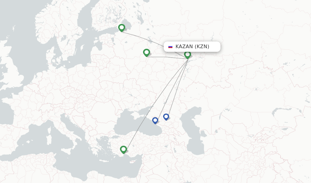 Route map with flights from Kazan with Aeroflot