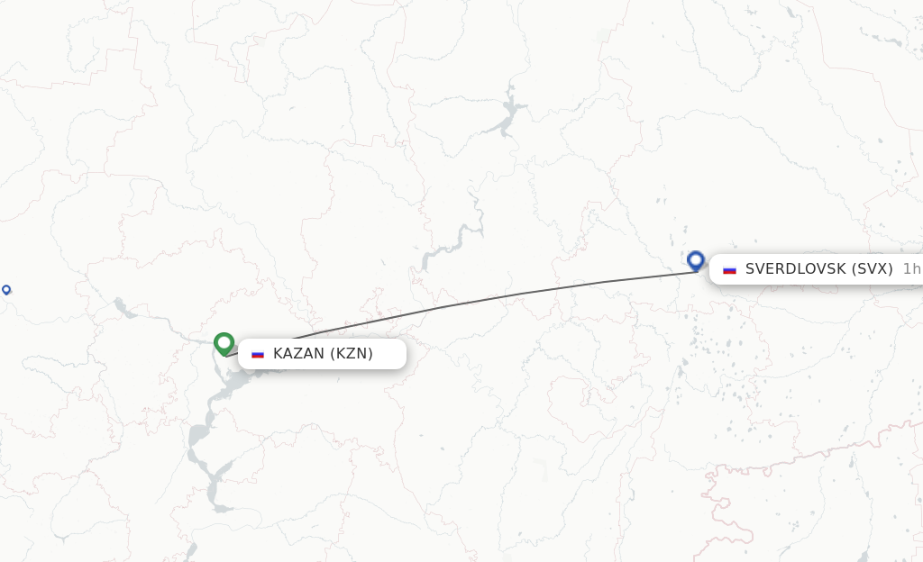 Flights from Kazan to Yekaterinburg route map