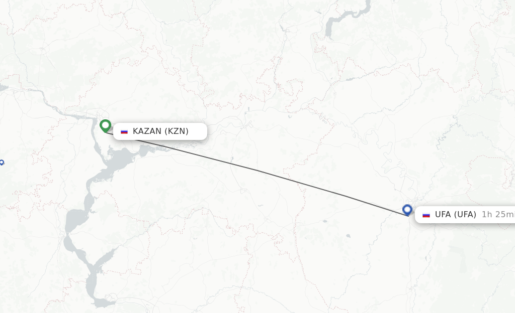 Flights from Kazan to Ufa route map