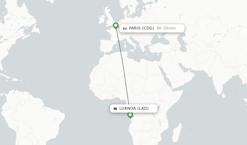 Flights from Luanda to Paris route map