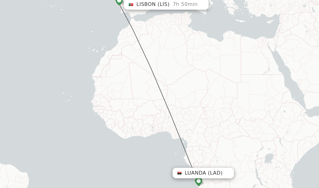 Flights from Luanda to Lisbon route map