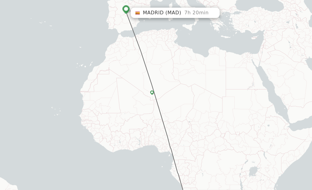 Flights from Luanda to Madrid route map