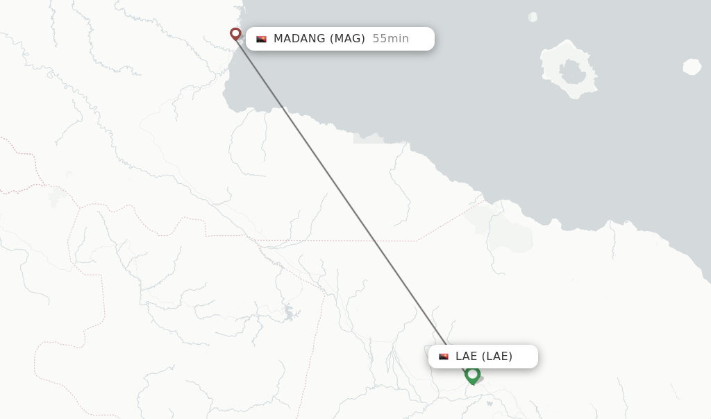 Flights from Lae to Madang route map