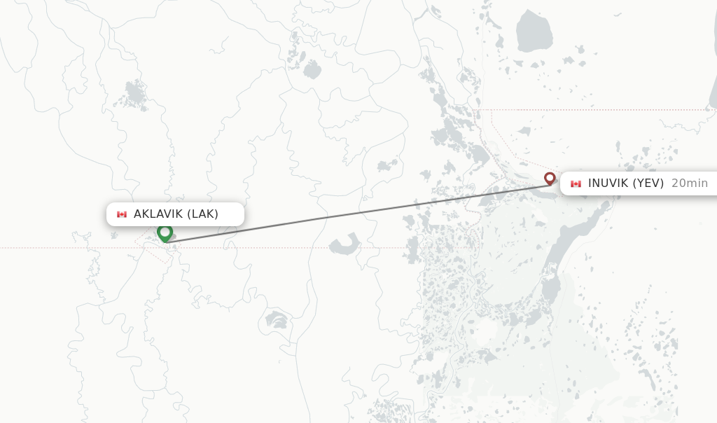 Flights from Aklavik to Inuvik route map