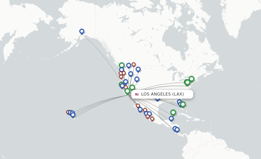 Route map with flights from Los Angeles with Alaska Airlines