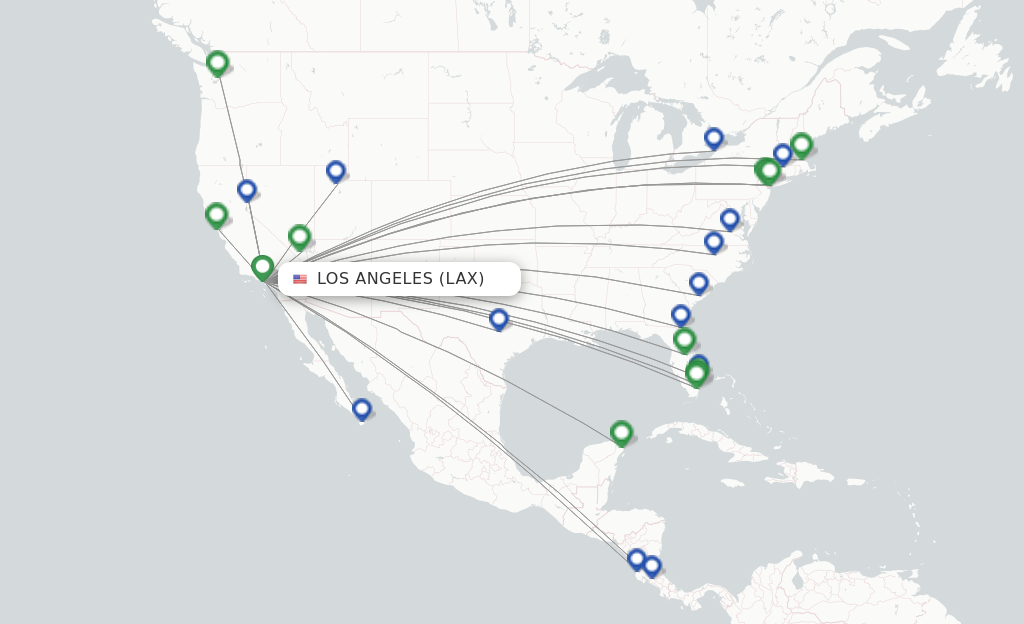 Route map with flights from Los Angeles with JetBlue