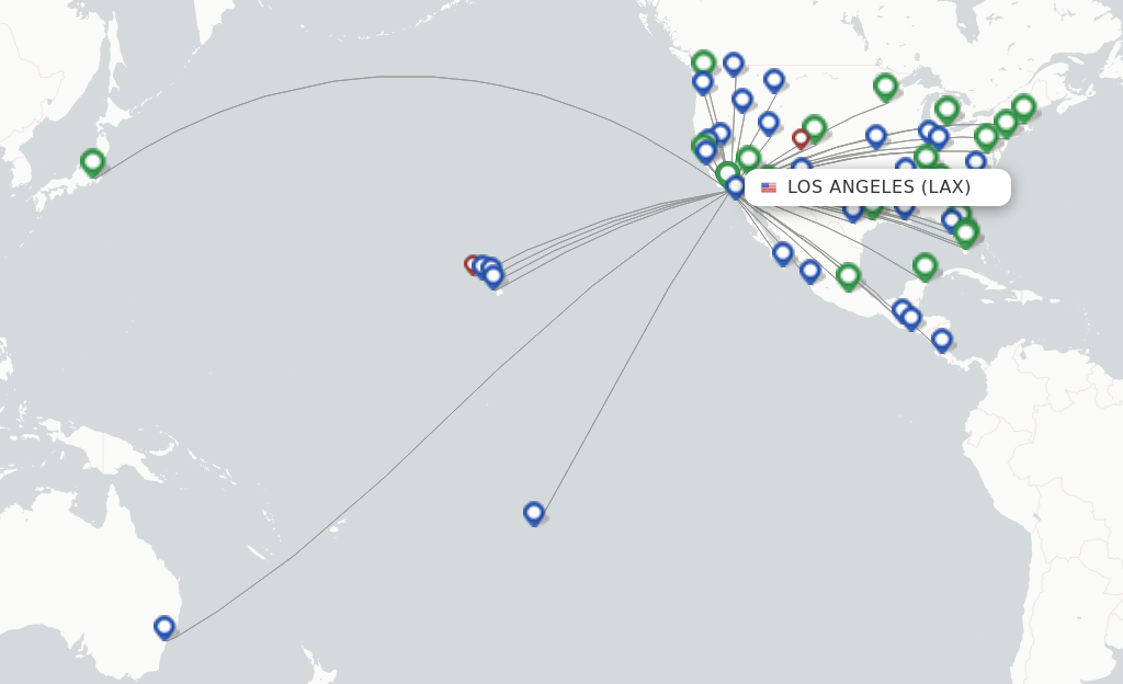 Route map with flights from Los Angeles with Delta Air Lines