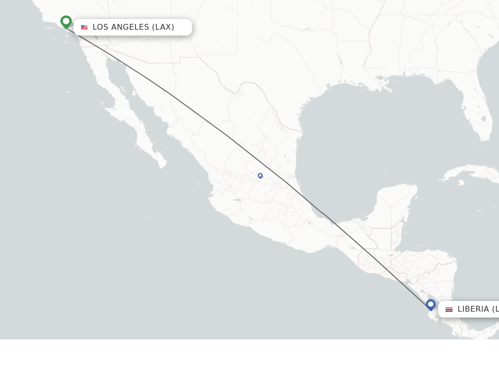Flights from Los Angeles to Guanacaste route map