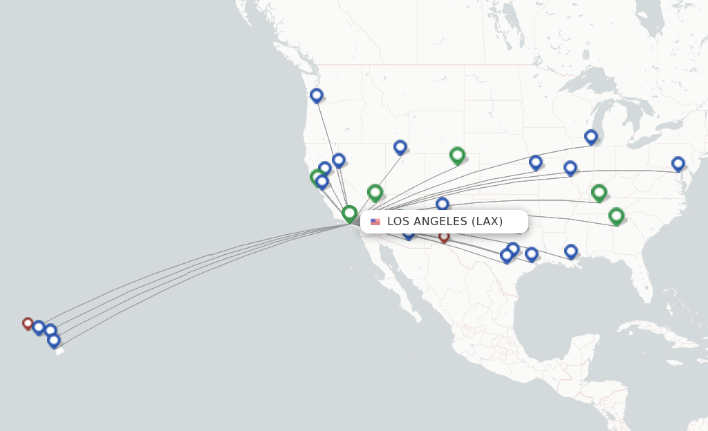 Route map with flights from Los Angeles with Southwest Airlines