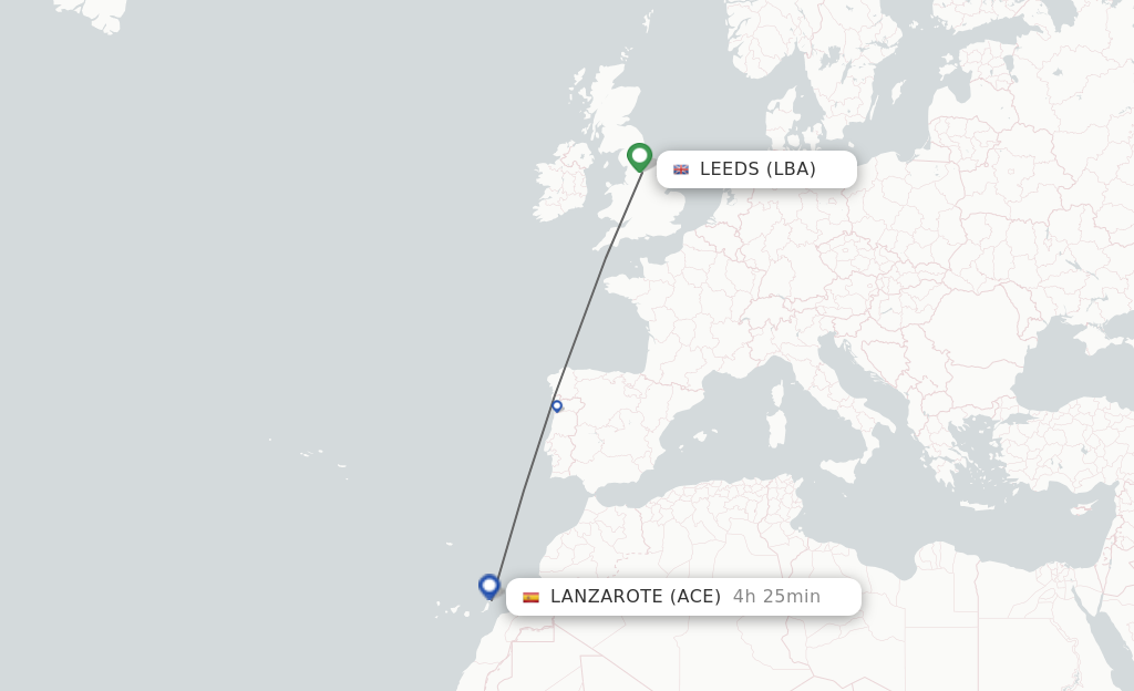 Flights from Leeds to Lanzarote route map