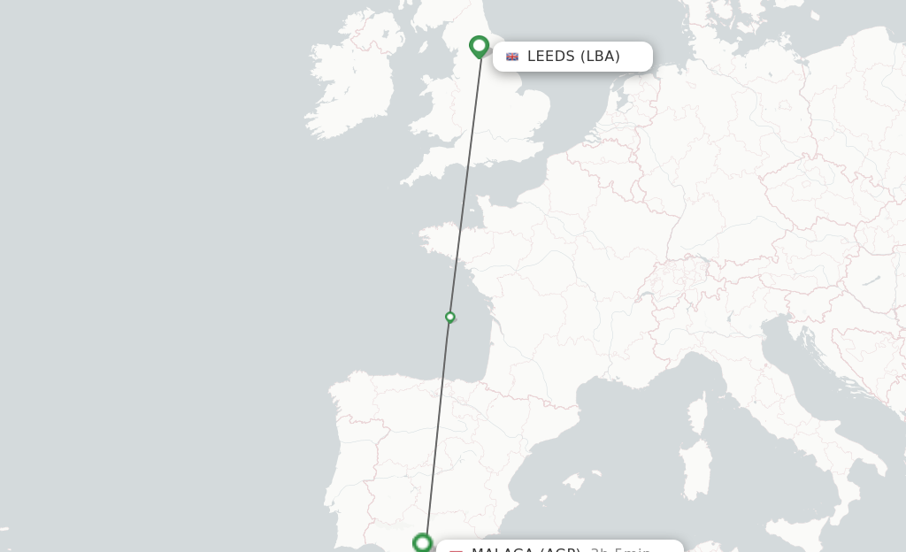 Flights from Leeds to Malaga route map