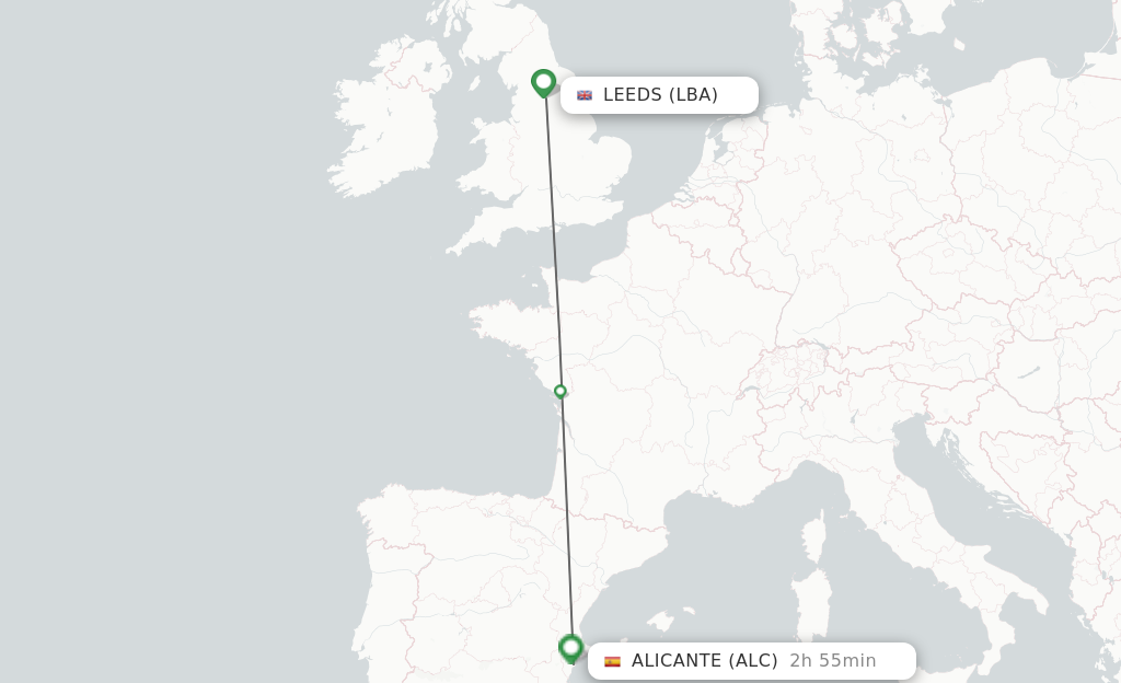 Flights from Leeds to Alicante route map