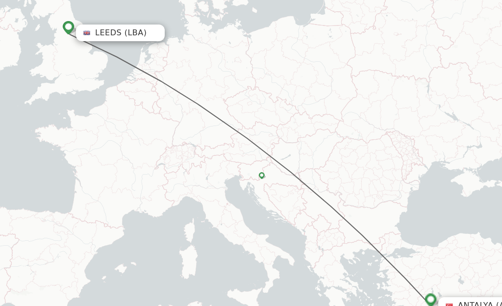Flights from Leeds to Antalya route map