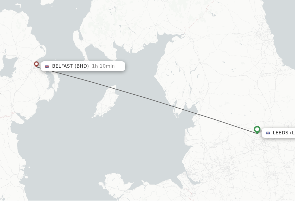 Flights from Leeds to Belfast route map