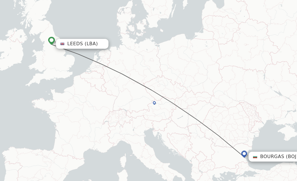 Flights from Leeds to Burgas route map