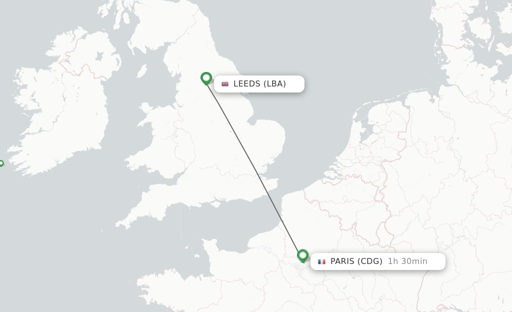 Flights from Leeds to Paris route map