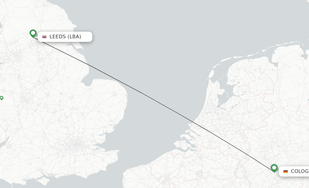 Flights from Leeds to Cologne route map