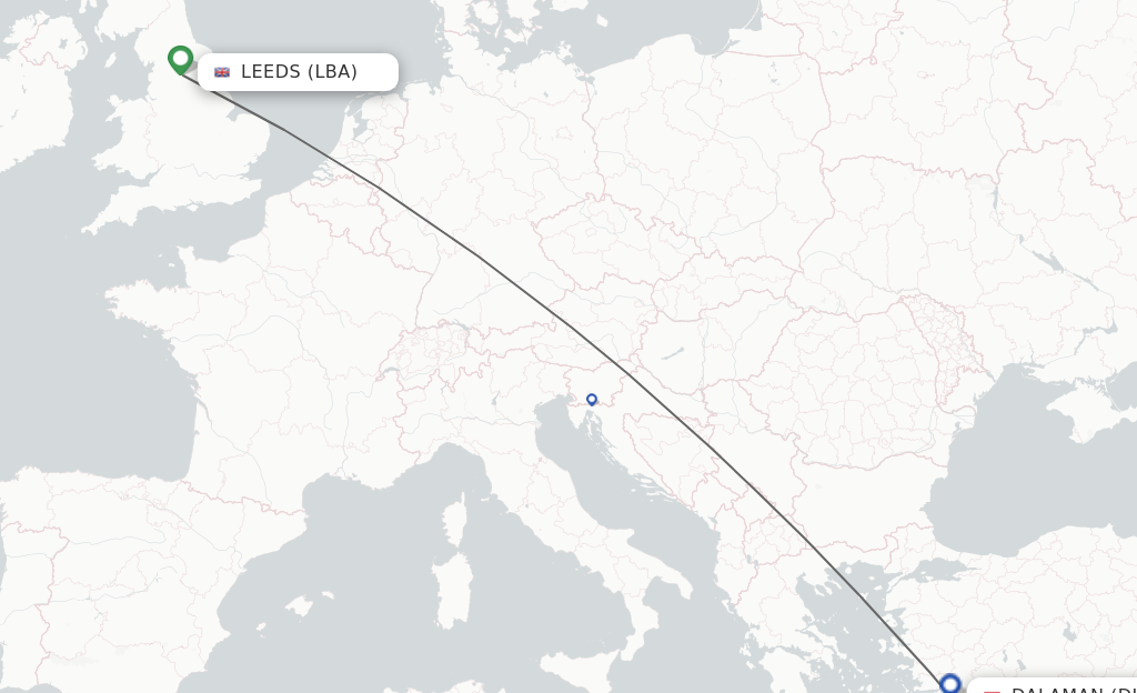 Flights from Leeds to Dalaman route map