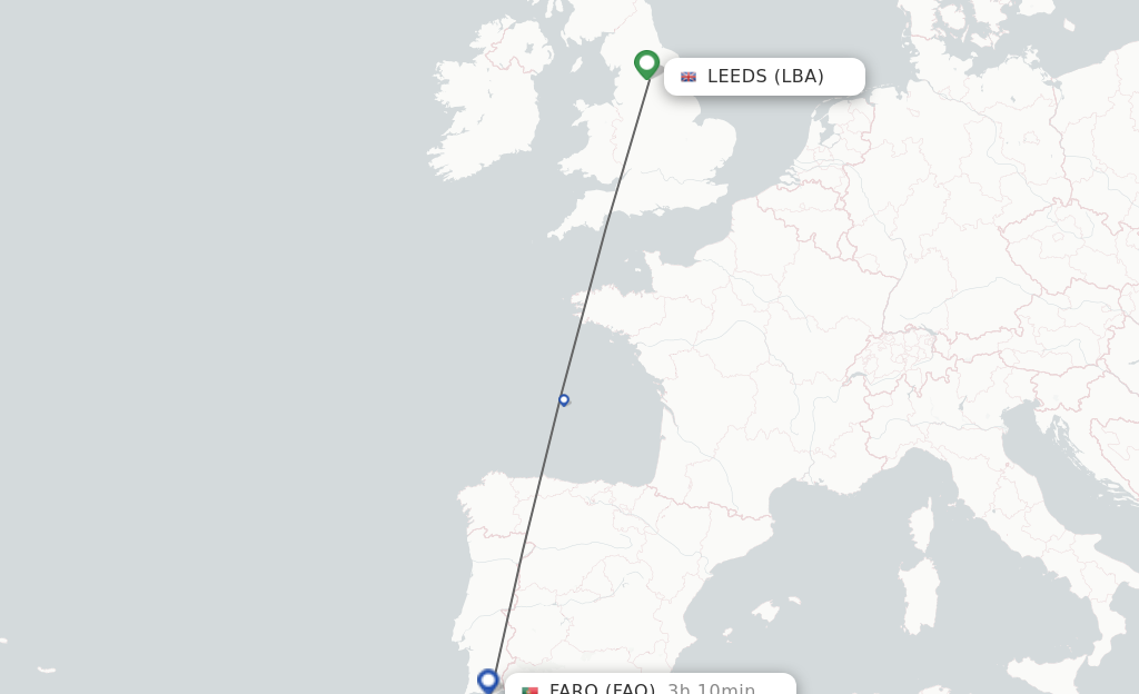 Flights from Leeds to Faro route map