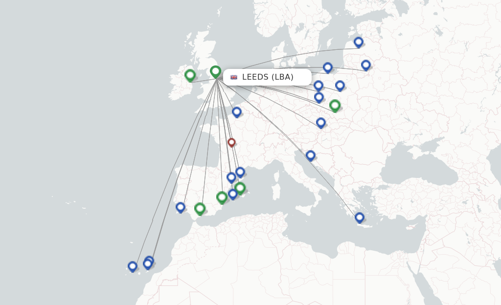 Route map with flights from Leeds with Ryanair