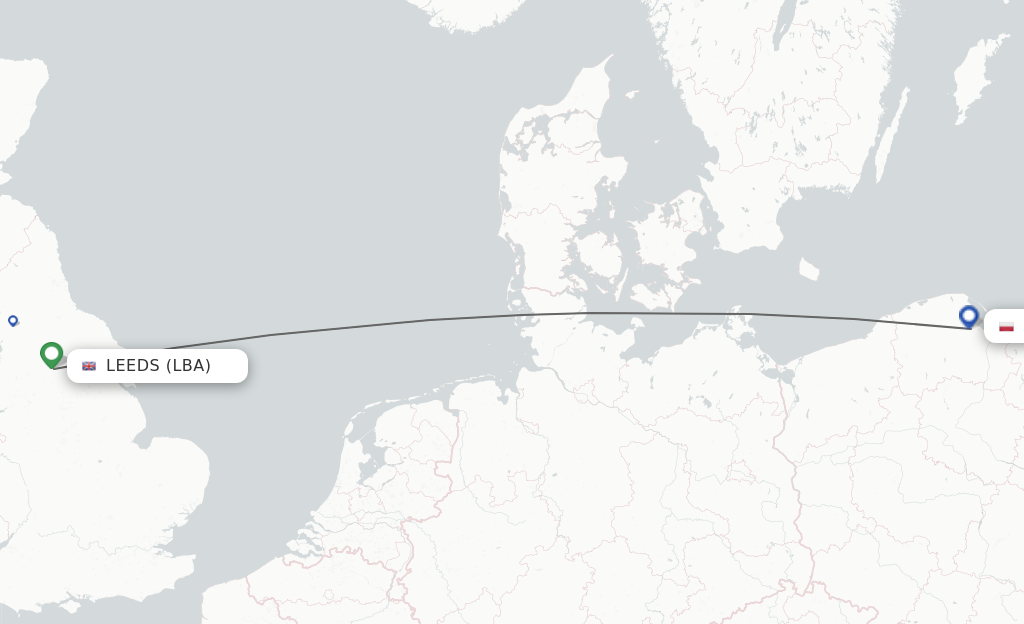 Flights from Leeds to Gdansk route map
