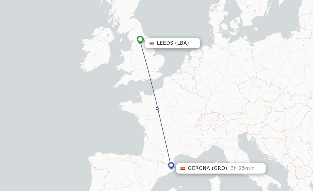 Flights from Leeds to Girona route map