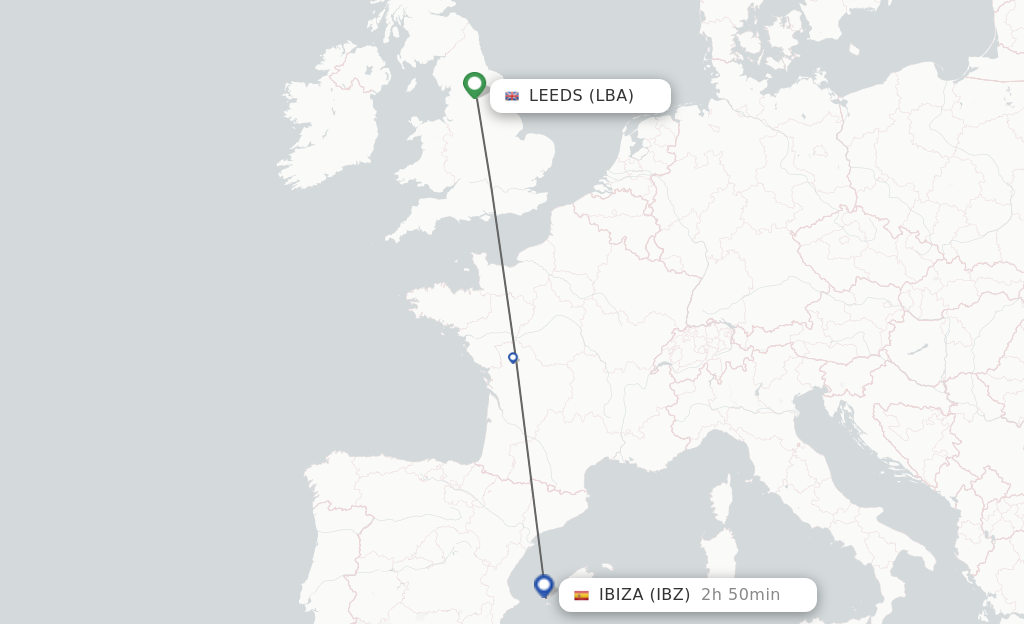 Flights from Leeds to Ibiza route map