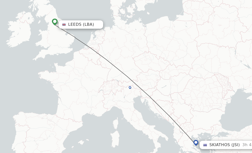 Flights from Leeds to Skiathos route map