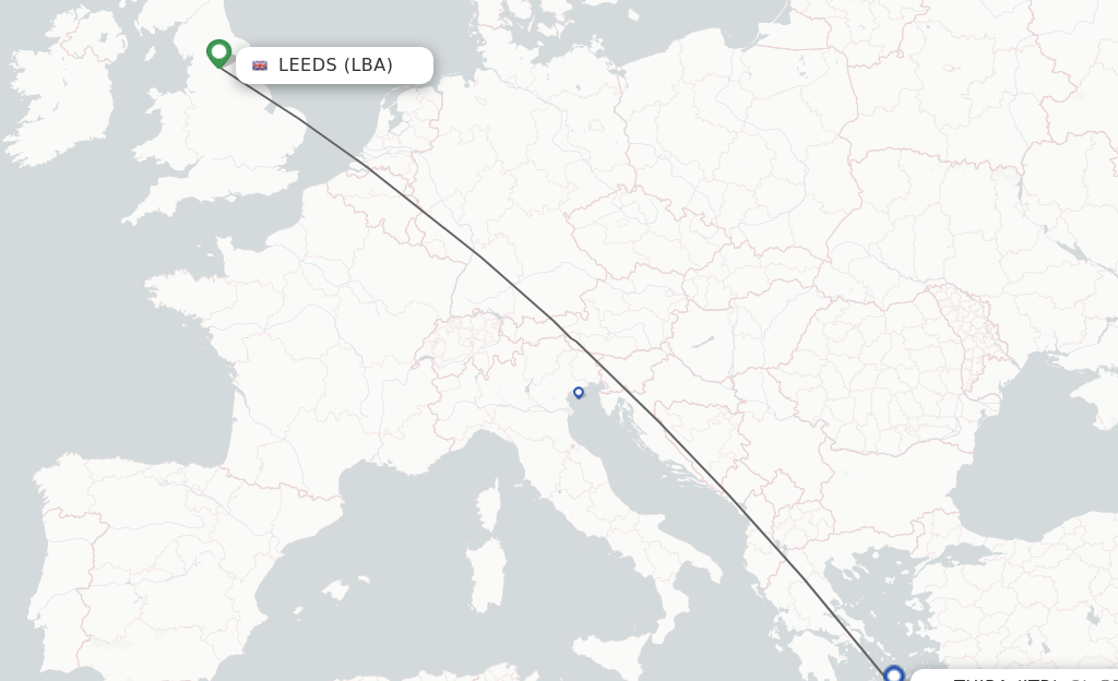 Flights from Leeds to Thira route map