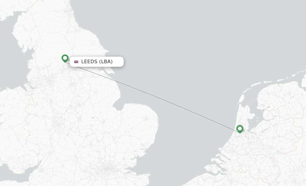 Route map with flights from Leeds with KLM