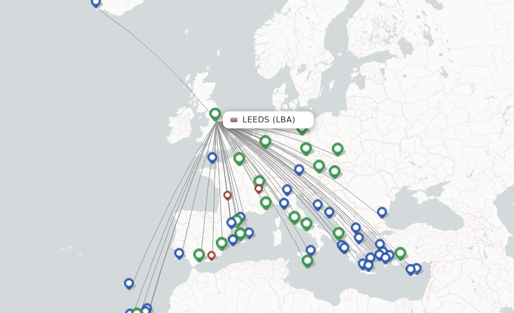 Route map with flights from Leeds with Jet2