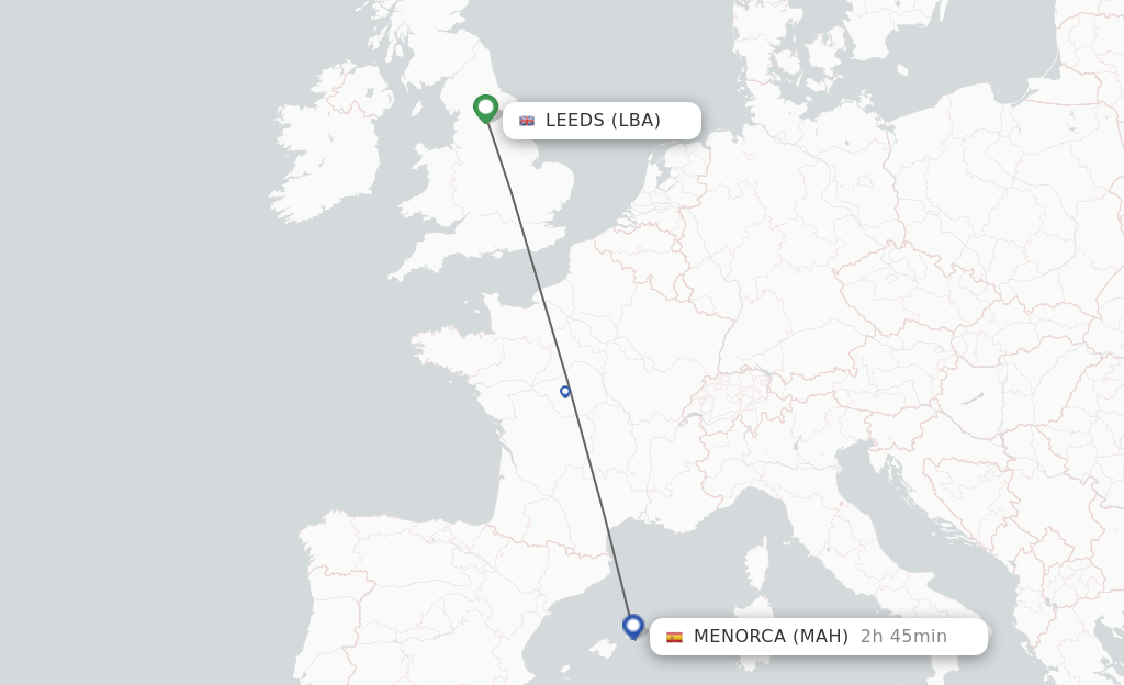 Flights from Leeds to Menorca route map