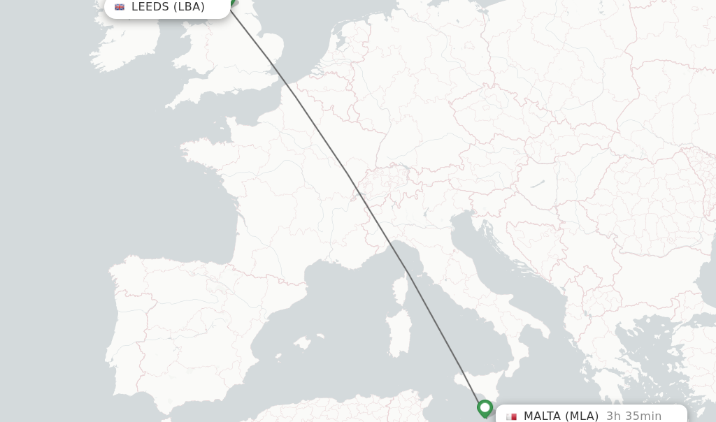 Flights from Leeds to Malta route map