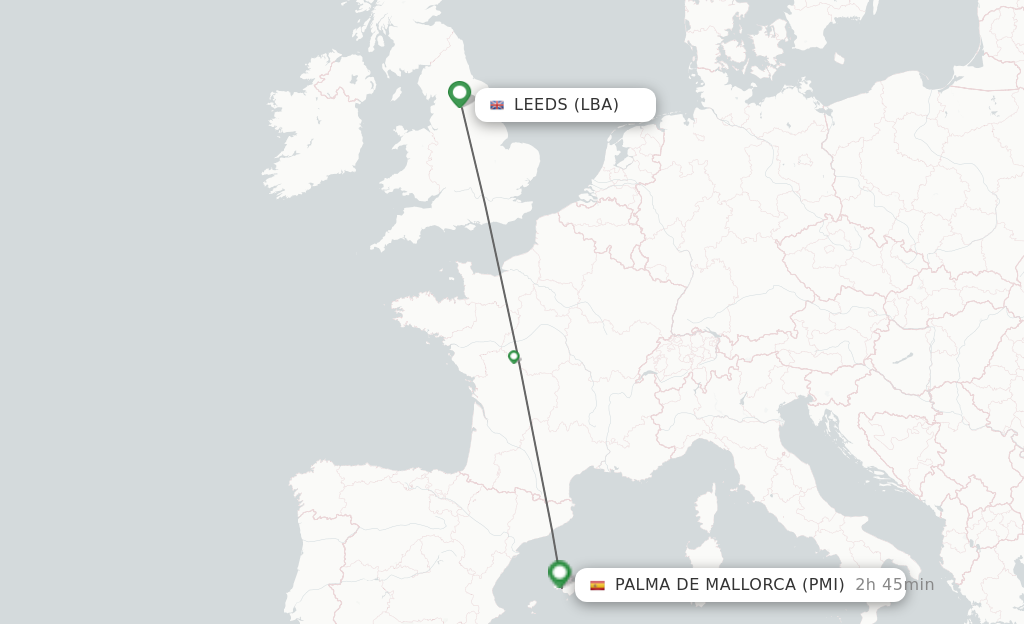 Flights from Leeds to Palma De Mallorca route map